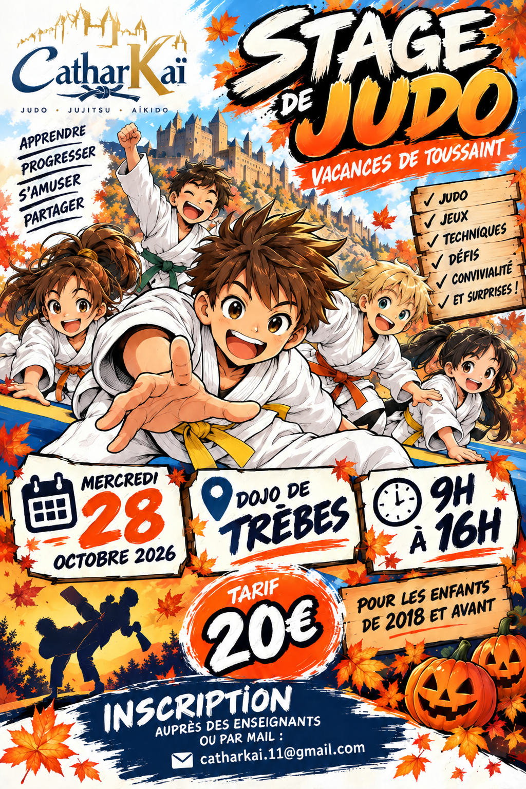 Affiche du stage de judo de Toussaint : mercredi 28 octobre 2026, dojo de Trèbes, de 9h à 16h, tarif 20 €.